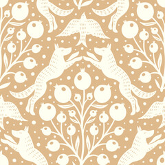 Hand drawn woodland animals seamless pattern Decorative cute dog wolf bird berries seamless pattern