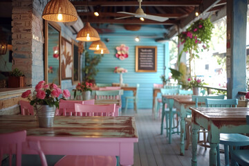 Serene Coastal Cafe Interior.
Cozy cafe with wooden tables and pastel décor.