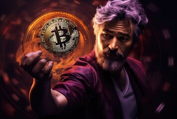 A man displaying the symbol of cryptocurrency by holding the Bitcoin emblem in his hand.
