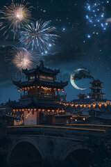 Fototapeta premium Holiday firework over a temple. Chinese New Year holiday celebration. Chinatown city panorama at night with colorful exploding fireworks