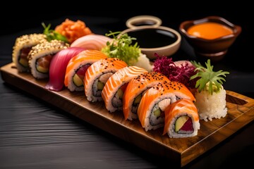 A mouthwatering assortment of sushi rolls, elegantly displayed on a wooden platter, ready to be savored.
