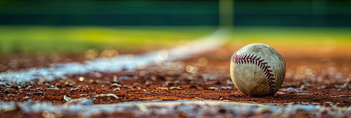A baseball sitting in the infield of a baseball field - obrazy, fototapety, plakaty