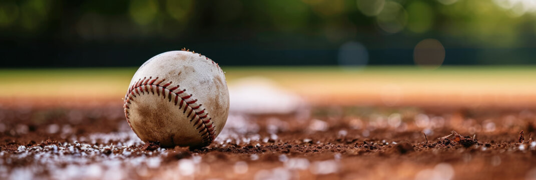A baseball sitting in the infield of a baseball field