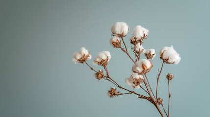 Branch with soft white fluffy cotton flowers on grey blue background with copy space. Delicate light beauty cotton background. Natural organic fiber