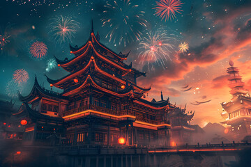 Holiday firework over a temple. Chinese New Year holiday celebration. Chinatown city panorama at night with colorful exploding fireworks