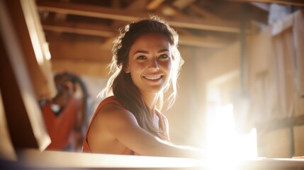 Portrait of a female carpenter working with wood in a workshop. Happy smiling young caucasian woman employee in the carpentry factory. Girl busy in an industrial workshop on a sunny summer day. .