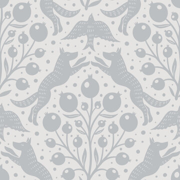 Hand drawn woodland animals seamless pattern Decorative cute dog wolf bird berries seamless pattern