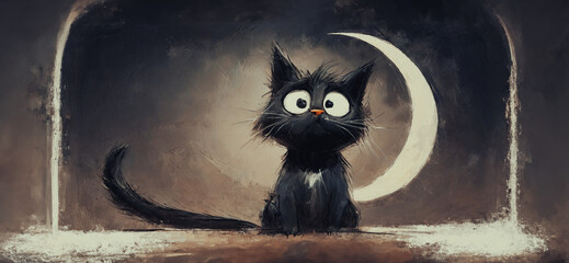 piccolo  gattino nero dai grandi occhi e dallo sguardo perplesso in una notte scura, spicchio di luna sullo sfondo - obrazy, fototapety, plakaty
