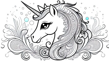 Obraz na płótnie Canvas Cute cartoon unicorn on a rainbow. Fantastic animal. Black and white, linear, image. For the design of coloring books, prints, posters, stickers, tattoos, etc.