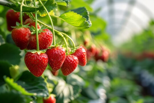 Growing strawberry harvest and producing vegetables cultivation in greenhouse. Concept of small eco green business organic farming gardening and healthy food.
