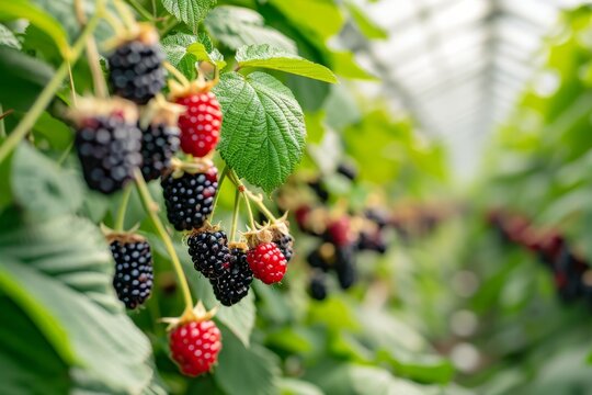 Growing blackberry harvest and producing vegetables cultivation in greenhouse. Concept of small eco green business organic farming gardening and healthy food.