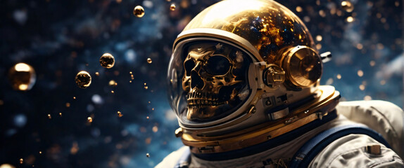 An astronaut turned into a skull floats in the abyss of space, surrounded by a cosmic ocean of galaxies and nebulae that form unique constellations. The bubbles surrounding him contain fragments