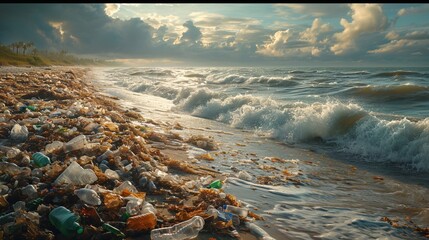 Beach full of trash, waste on a beach, Trash in the ocean