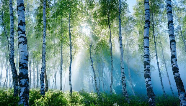 Wiosenny brzozowy las o świcie, we mgle, obraz dekoracja, generative ai