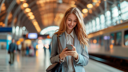 Enjoying travel. Young happy Caucasian business woman wearing a style grey suit holding mobile phone standing in city subway using smartphone for texting, checking apps for public transport, metro or - obrazy, fototapety, plakaty