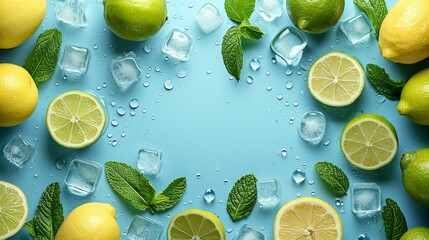 Top view of lemon and ice cubes in a backdrop like a frame representing summer freshness with a big copy space, Generative AI.