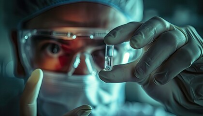 A doctor, clad in a bacteriological protective suit, carefully examining an antidote vial for a dangerous virus. - obrazy, fototapety, plakaty