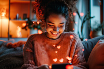 A happy smiling woman looking at a cell phone screen, with neon hearts floating around her. - Powered by Adobe