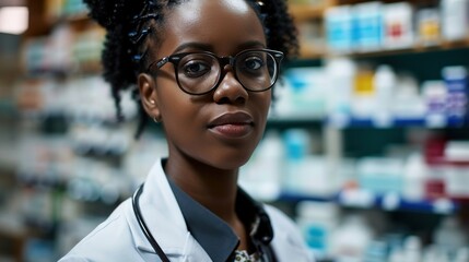 African-American female pharmacist on the background of shelves with medicines. Created with Generative Ai technology.
