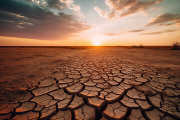 The sun sets dramatically over a vast landscape of dry, cracked soil, evoking the severity of drought conditions.
