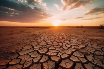 Foto op Canvas The sun sets dramatically over a vast landscape of dry, cracked soil, evoking the severity of drought conditions.  © Kamonwan