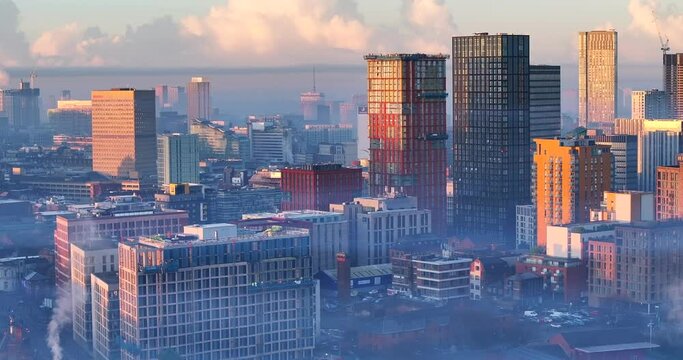Misty skyline of Manchester early morning 