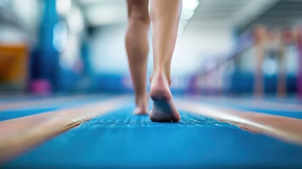 Fototapeten Focused Gymnast Practicing on a Balance Beam: Barefoot Balance and Concentration © romanets_v