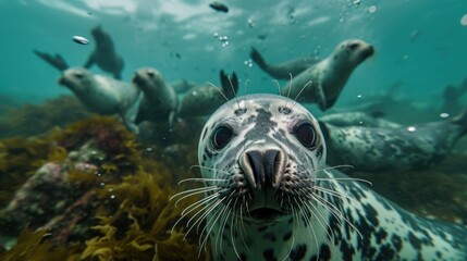Underwater Encounter: Curious Seals Swimming Amongst Seaweed