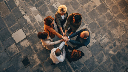 Overhead view of a diverse team of professionals huddled in a circle, placing their hands one on top of the other