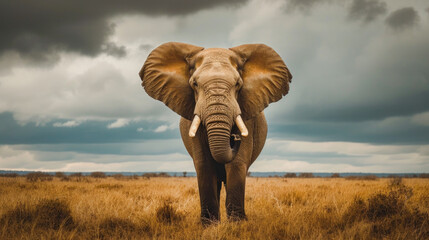 Fototapeta na wymiar Majestic African Elephant Standing Under Stormy Skies