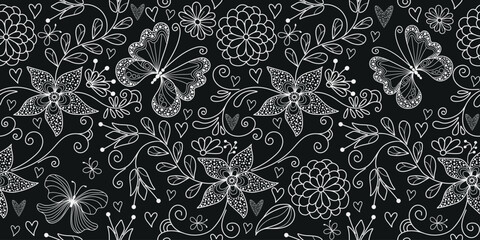 Vector seamless bicolor floral valentines pattern with hearts and dotty butterflies in doodle style on a black background