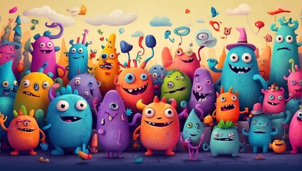 Illustrations of cute and quirky monster characters smiling with bright colors, creating an intriguing and cheerful image