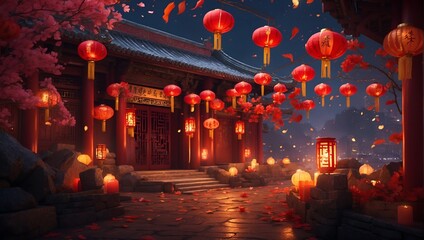 illustration of red lanterns in front of temple when Chinese New Year 