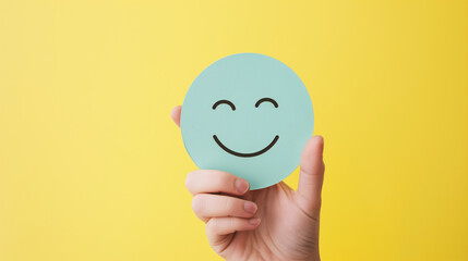 Hand holding paper cut smile face, positive thinking, mental health assessment , world mental health day concept, generative ai