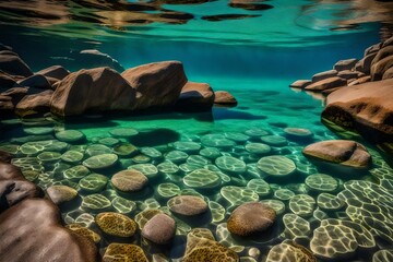 Sunlight gently kisses the rocks in the crystal clear water, creating a play of reflections