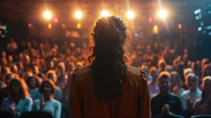 Woman Facing Audience in Spotlight During Presentation