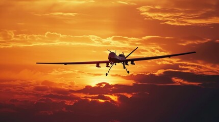 Fototapeta na wymiar Unmanned Aerial Vehicle (UAV) Drone Silhouetted Against Sunset Sky