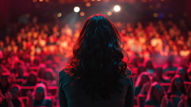 Woman Facing Audience in Spotlight During Presentation