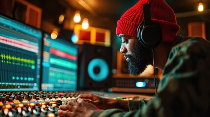 Music Producer in Studio with Sound Mixing Board - obrazy, fototapety, plakaty