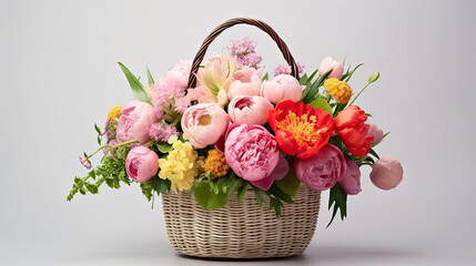 Large wicker basket of tulip flowers on a gray background.