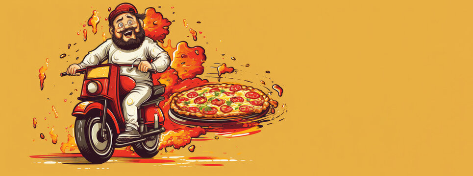 Cartoon pizza delivery man on a scooter with a yellow background.