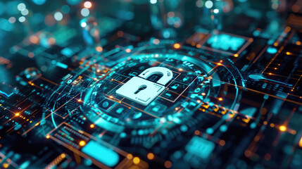 Padlock icon within a complex interface of cyber security network lines and glowing dots, symbolizing data protection, encryption, and information security.