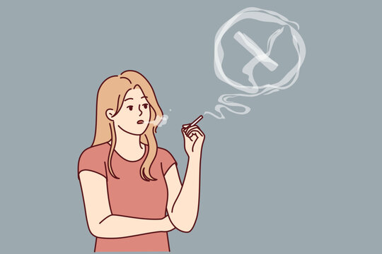 Woman smokes cigarettes, releasing smoke into lungs and risks getting cancer due to bad habit. Girl smokes tobacco and nicotine, which negatively affects health or undermines human immunity.
