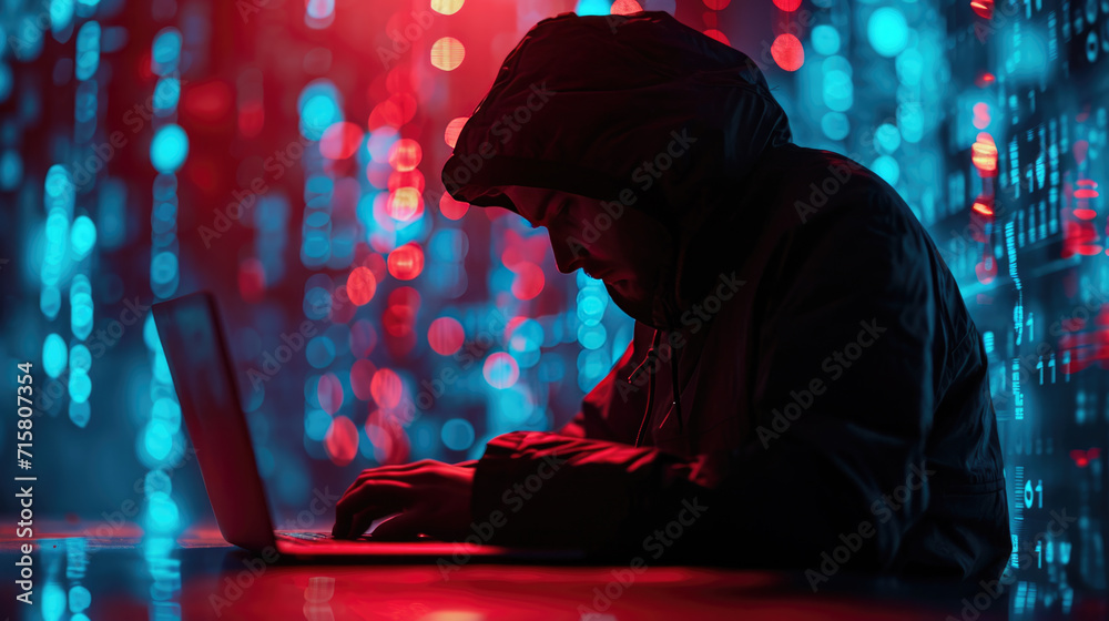 Sticker hooded figure typing on a laptop, bathed in the glow of red and blue lights, hacking in a dark environment.