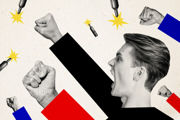 Banner protest collage of protest against government anti freedom laws in ukraine support crowd and revolution isolated on gray background