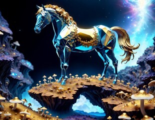 A striking 3D rendered depiction of a crystalline horse standing atop a fantastical mushroom isle against a cosmic backdrop, exuding mystique and fantasy