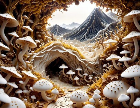 Fantasy paper art landscape with intricate 3D rendered mushroom valley, golden foliage, and stylized mountains