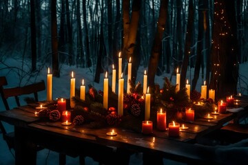 table with burning candles on New Year's Eve in the forest