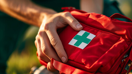 close-up of a hand holding a red first aid kit with a white cross on it - obrazy, fototapety, plakaty