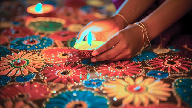 Intricate designs ablaze with vibrant hues, a testament to Diwali's joyful artistry